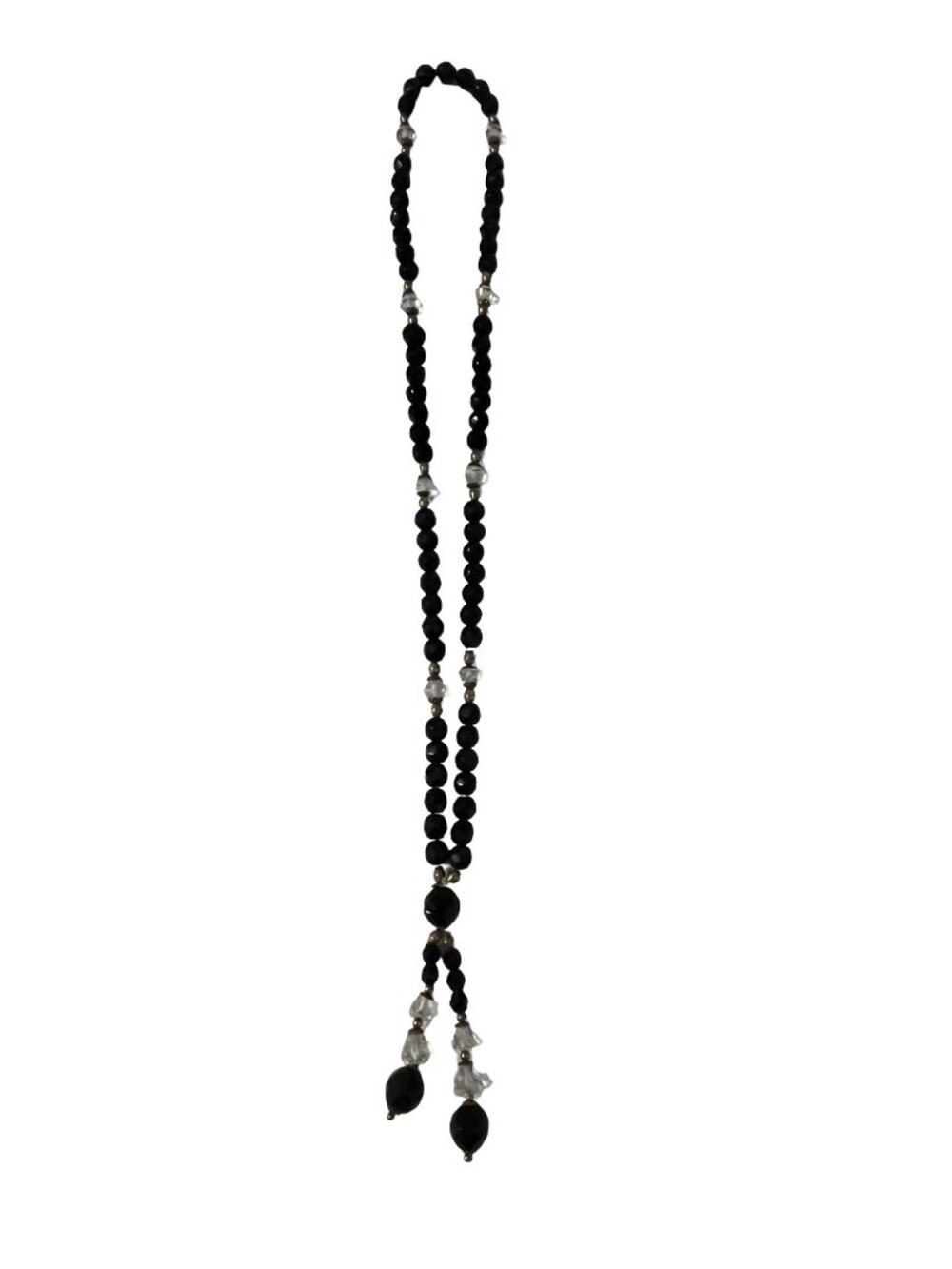 Black Beaded Lariat Necklace 24” Long Glass Crystal Tassel Drop Gold Tone